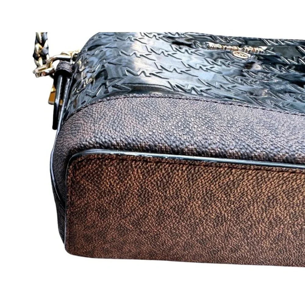 Michael Kors Dome Crossbody Bag Bl‎ Patent Leather Brown Monogram Gold Hardware